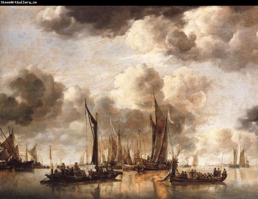 Jan van de Cappelle A Dutch Yacht Firing a Salute as a Barge Pulls Away and Many Small vessels at Anchor